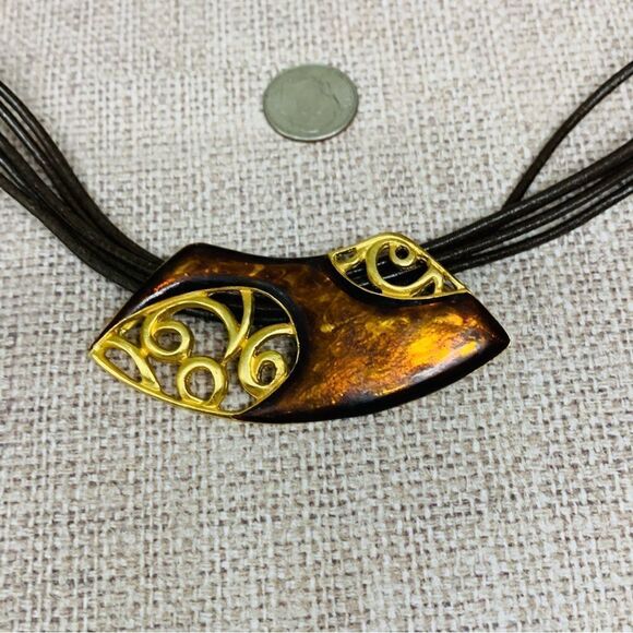 Avenue Muti Strand Brown Leather Enameled Necklace - Picture 2 of 3